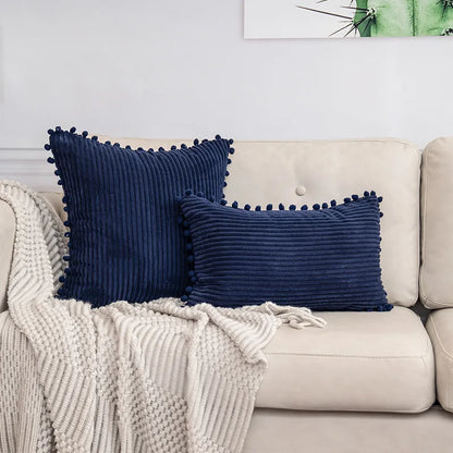 DecorBites™ Beige Striped Cushion Cover with Pom Pom Detail Lumbar Throw Pillow Case