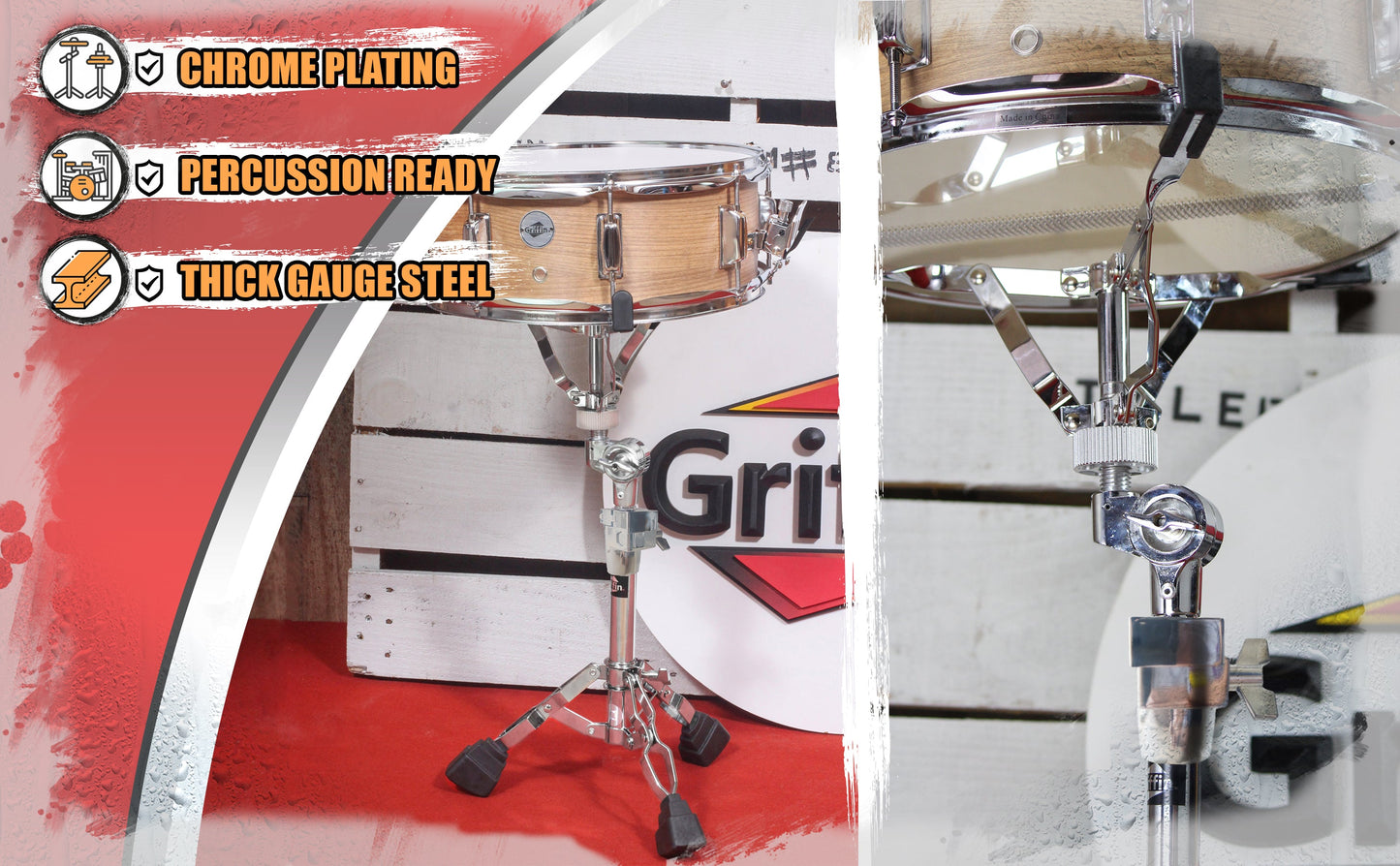 Heavy-Duty Snare Drum Stand by Griffin | Premium Double Braced Percussion Hardware Kit |Weight Mount for Snares, Tom Drums & Practice Pad | Adjustable Height & Tilting Gear Clamp Style Basket Holder