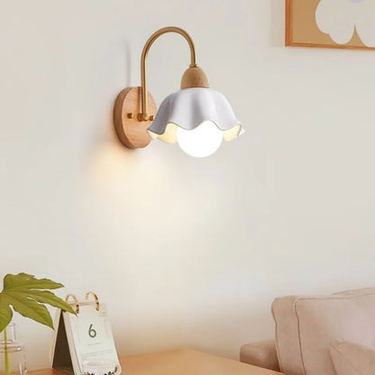 DecorBites™ Cream LED Wooden Flower Wall Lamp, Modern Bedroom Bedside Reading Light