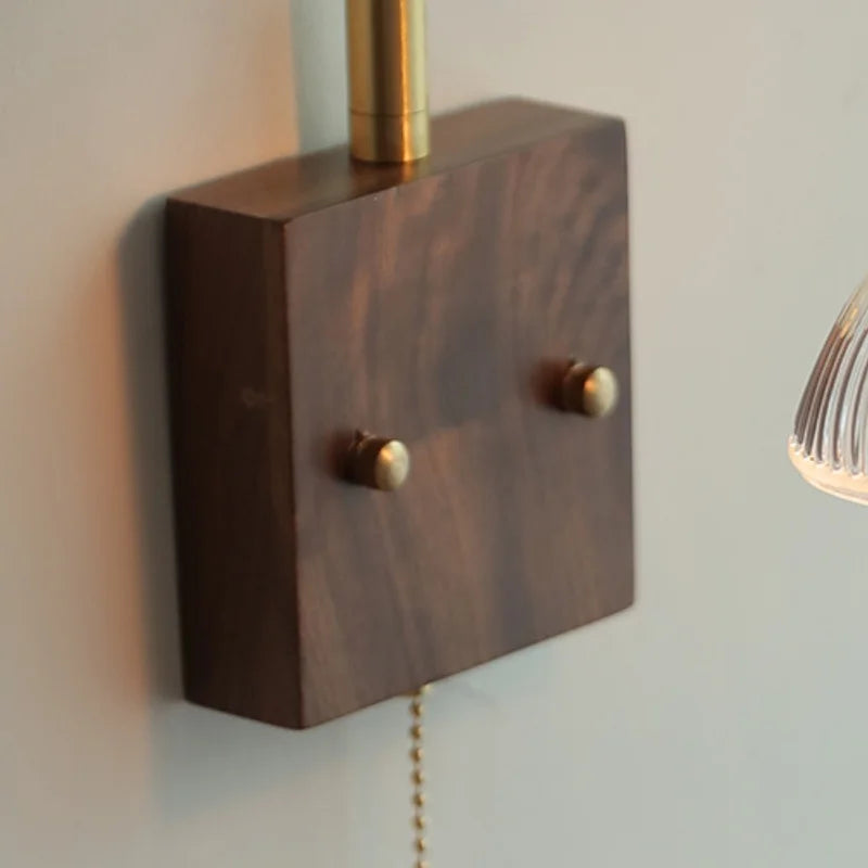 DecorBites™ Glass Pink LED Wall Sconce, Pull Chain Switch, Walnut Wood Bedside Lamp