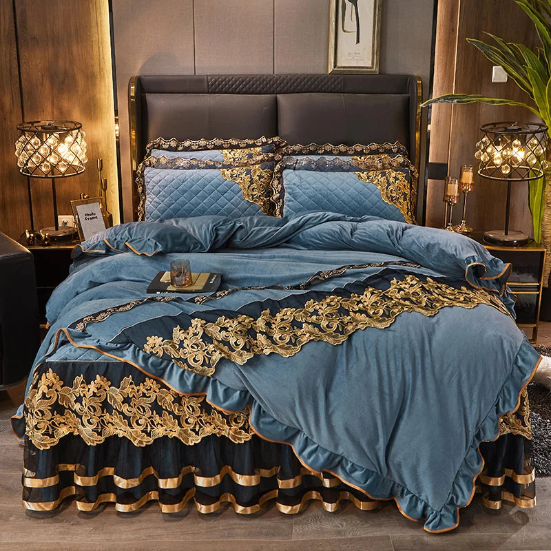 DecorBites™ Black Gold Lace Duvet Set, Luxury Crystal Velvet, Quilted Embroidery, Ruffle Bedding