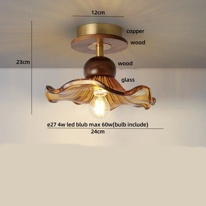 DecorBites™ Wood Copper LED Ceiling Light Amber Glass Plafond Lamp