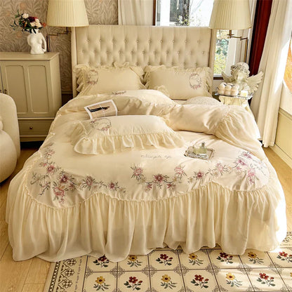 DecorBites™ Beige Pink Lace Embroidery Bedding Set Egyptian Cotton Quilt Duvet Cover Sheet