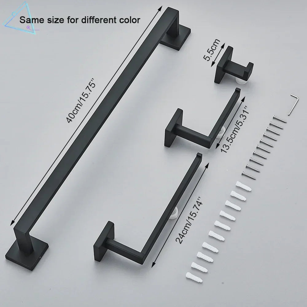 DecorBites™ Black Stainless Steel Bathroom Accessories Set: Towel Bar, Paper Holder, Hook & Bath Rack