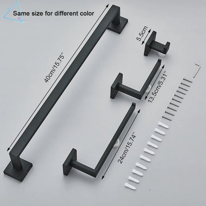 DecorBites™ Black Stainless Steel Bathroom Accessories Set: Towel Bar, Paper Holder, Hook & Bath Rack