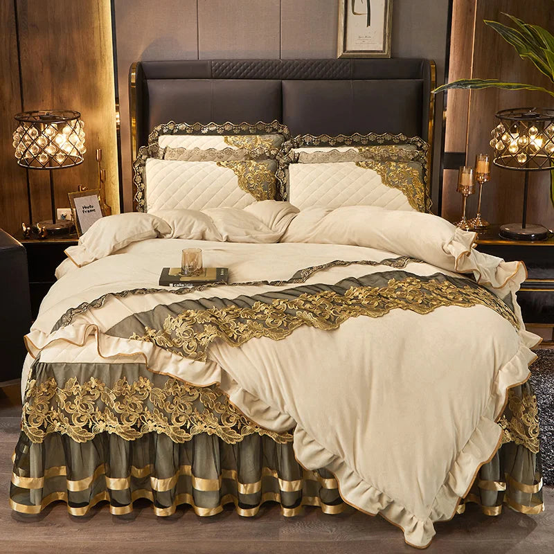 DecorBites™ Black Gold Lace Duvet Set, Luxury Crystal Velvet, Quilted Embroidery, Ruffle Bedding