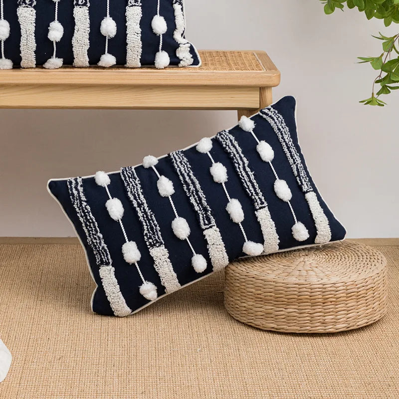 DecorBites™ Geometric Embroidered Cushion Cover with Tufted Tassels for Sofa and Bedroom