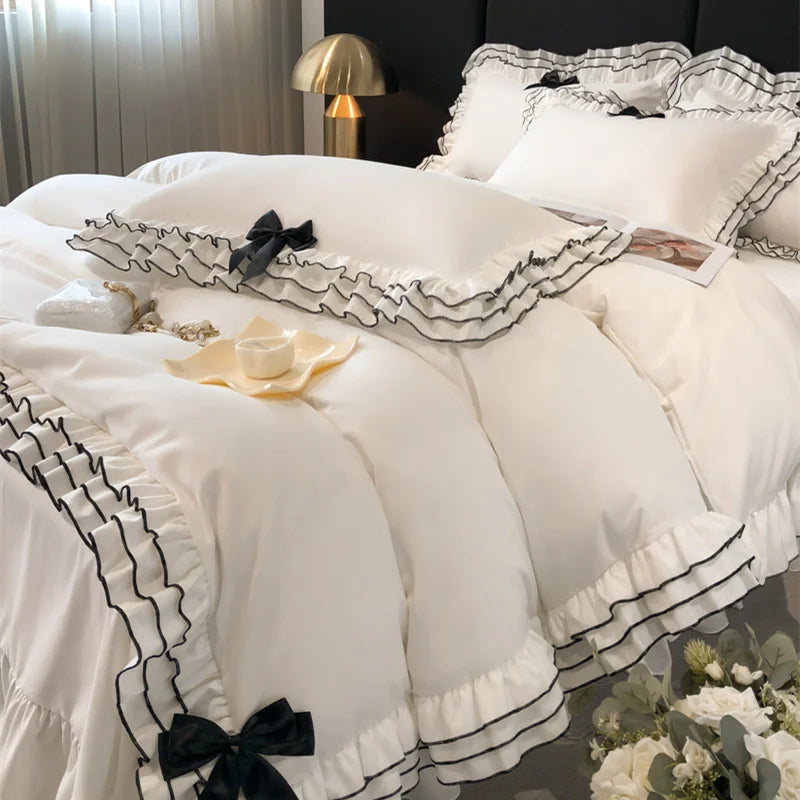 DecorBites™ Korean Lace Ruffles Bedding Set with Black Bow Accent