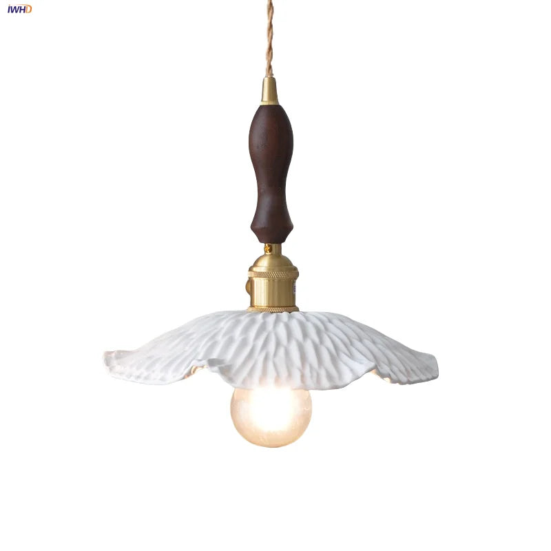 DecorBites™ LED Pendant Light Fixture Walnut Wood Ceramic Knob Switch Hanging Lamp