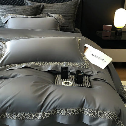 DecorBites™ Brown Lace Embroidery Bedding Set, 4Pcs, 1200TC Egyptian Cotton