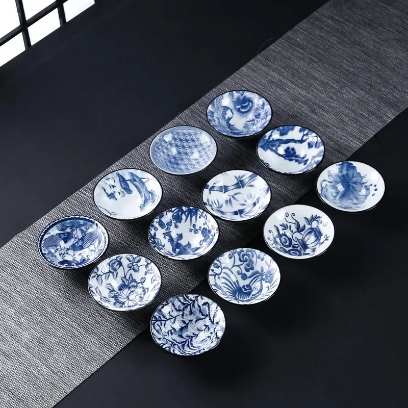 DecorBites™ Blue & White Ceramic Kung Fu Tea Cup, Japanese Style Porcelain Sake Espresso Mug