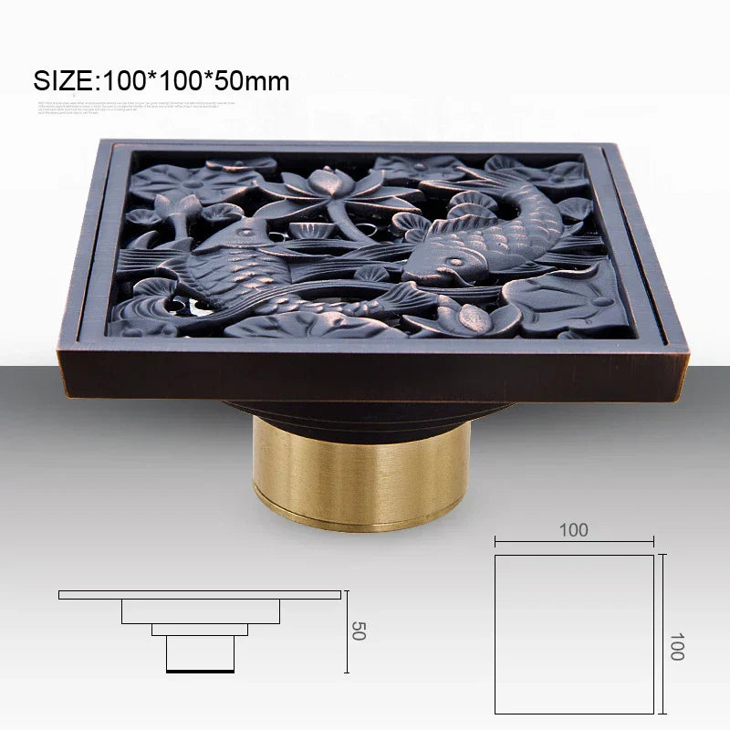 DecorBites™ Antique Brass Square Fish Carved Bathroom Floor Drain Hair Strainer