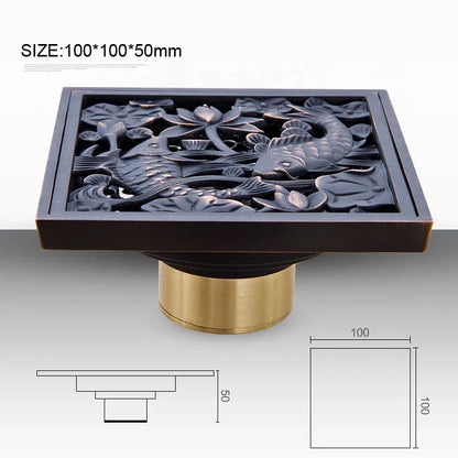 DecorBites™ Antique Brass Square Fish Carved Bathroom Floor Drain Hair Strainer