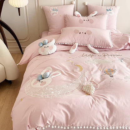 DecorBites™ Cartoon Rabbit Moon Embroidery 100% Cotton Girls Bedding Set with Ball Edge