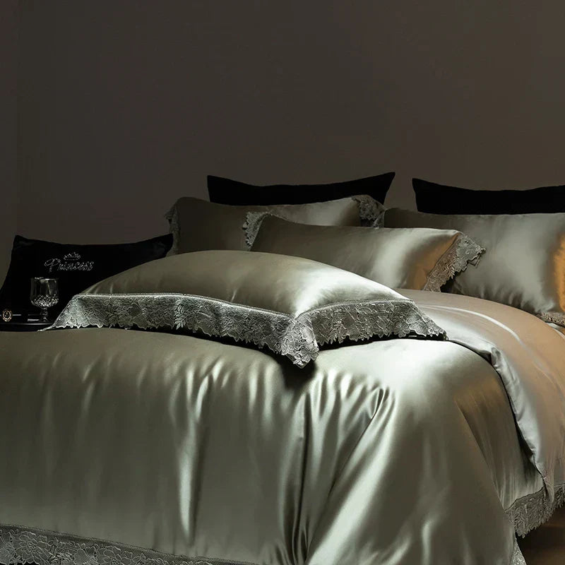DecorBites™ Luxe French Lace Edge Bedding Set: Silky Lyocell Cotton Duvet Cover, Sheet & Pillowcases