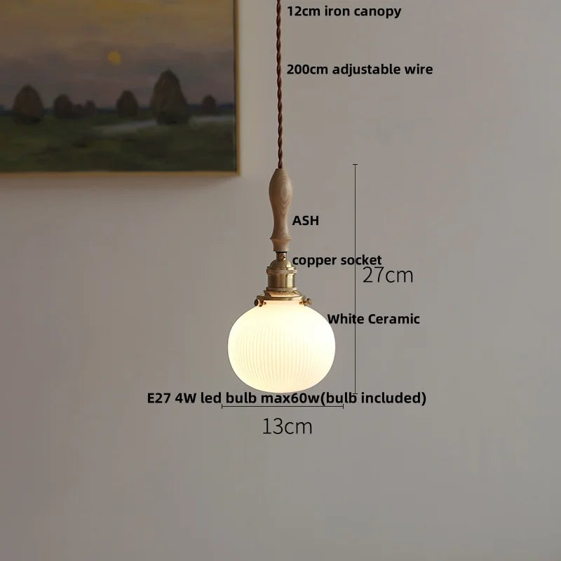 DecorBites™ LED Pendant Light Ash Wood White Ceramic Japanese Style Hanging Lamp