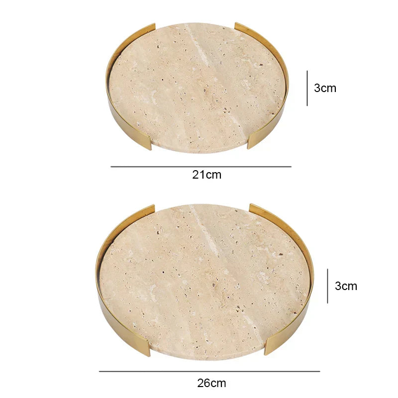 DecorBites™ Beige Brown Travertine Marble Tray with Metal Frame