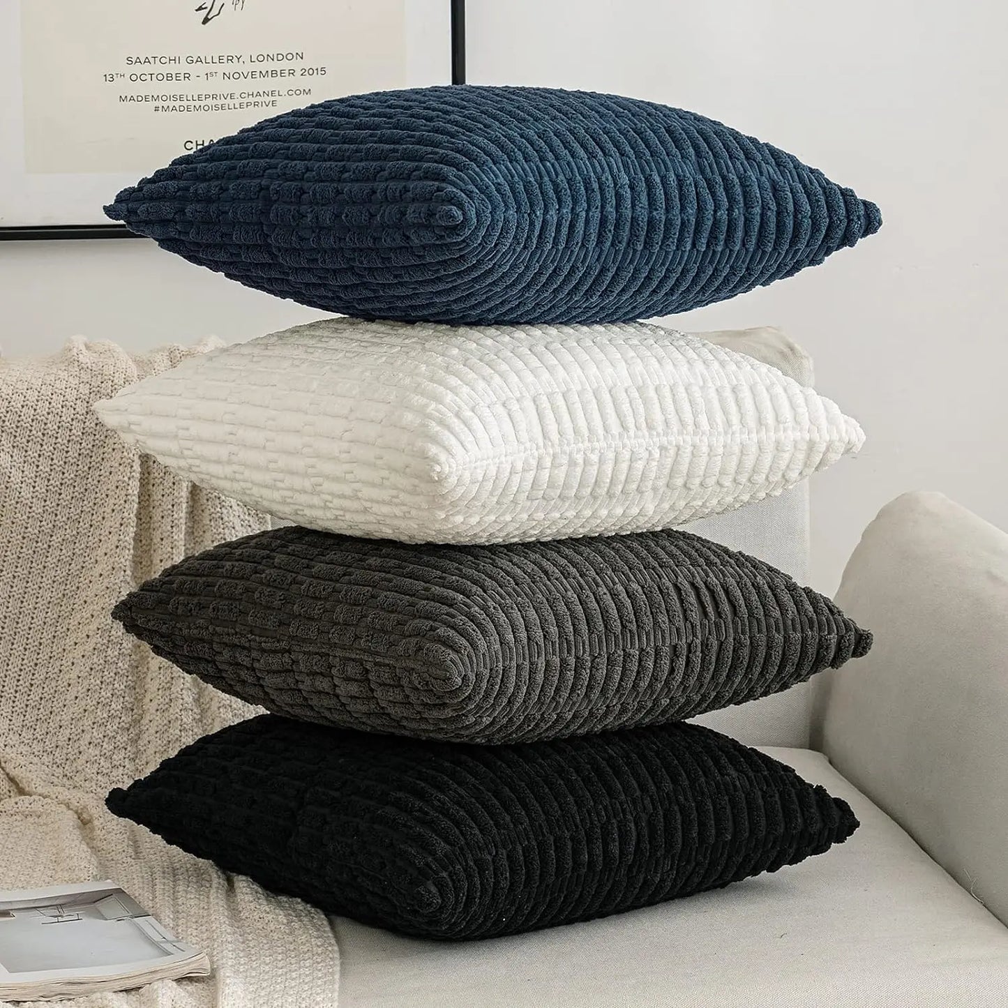 DecorBites™ Black Striped Corduroy Throw Pillow Cover 18x18 Inch Square Cushion Case White Pillowcase
