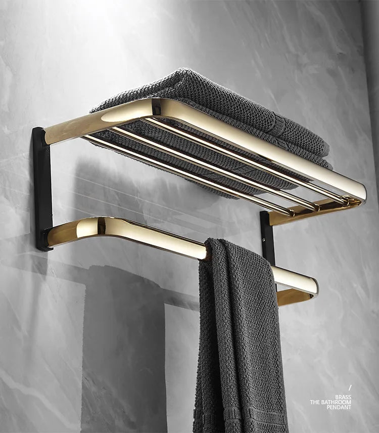 ™ Gold & Black Bathroom Hardware Set: Shelf, Towel Rack, Paper Holder, Brush Holder