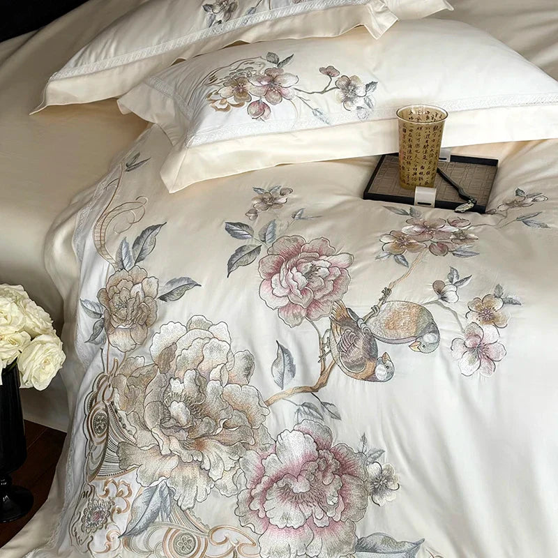 DecorBites™ 5-Piece Chinese Flowers Bird Embroidery Bedding Set, 1000TC Egyptian Cotton, Queen King