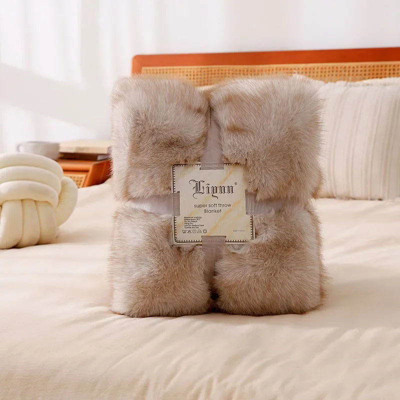 DecorBites™ Luxe Faux Fox Plush Blanket: Thick, Warm, Soft Sofa Cover - High-Quality Solid Color
