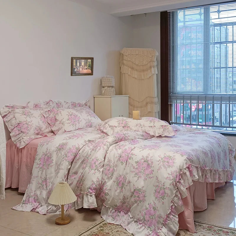 DecorBites™ French Rose Flowers Print Lace Ruffles Cotton Bedding Set - Duvet, Bed Skirt, Sheets & Pillowcases