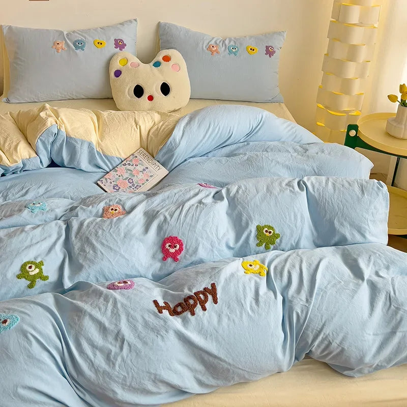 DecorBites™ Cartoon Towel Embroidery Bedding Set in Soft Washed Cotton for Kids