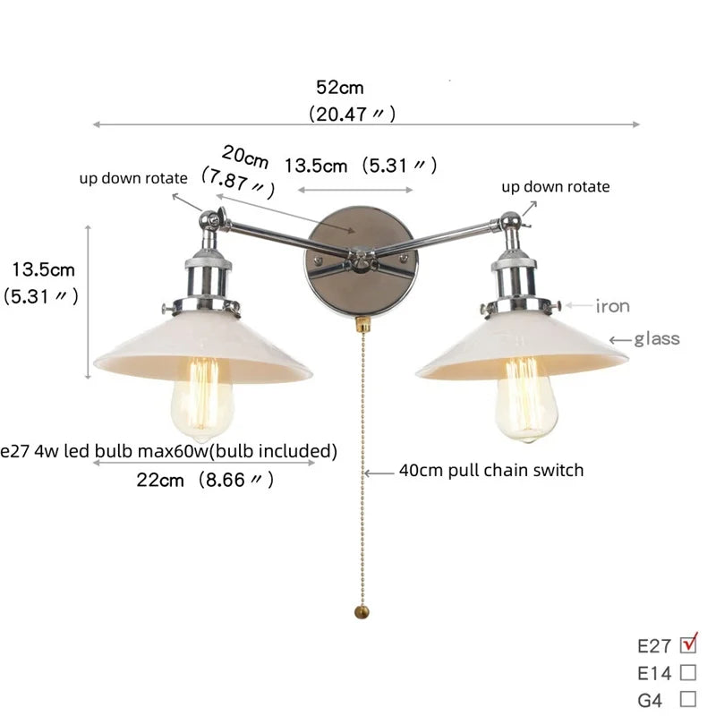 DecorBites™ Glass 2-Light Wall Sconce with Pull Chain Switch for Bedroom and Bathroom