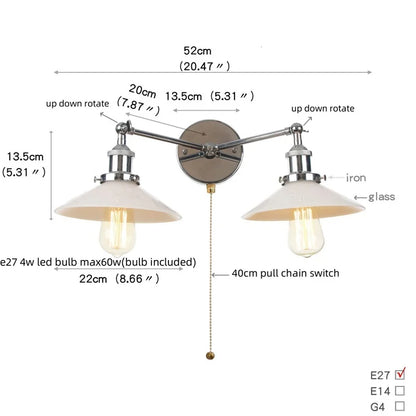 DecorBites™ Glass 2-Light Wall Sconce with Pull Chain Switch for Bedroom and Bathroom