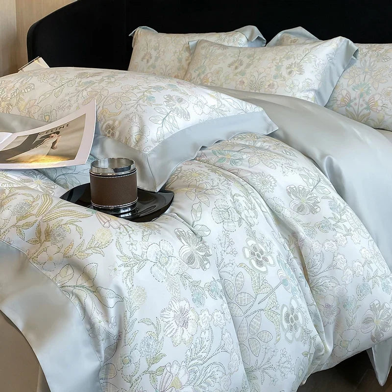 DecorBites™ Eucalyptus Fiber Flowers Bedding Set: Duvet Cover, Bed Sheet, Pillowcase - 4Pcs