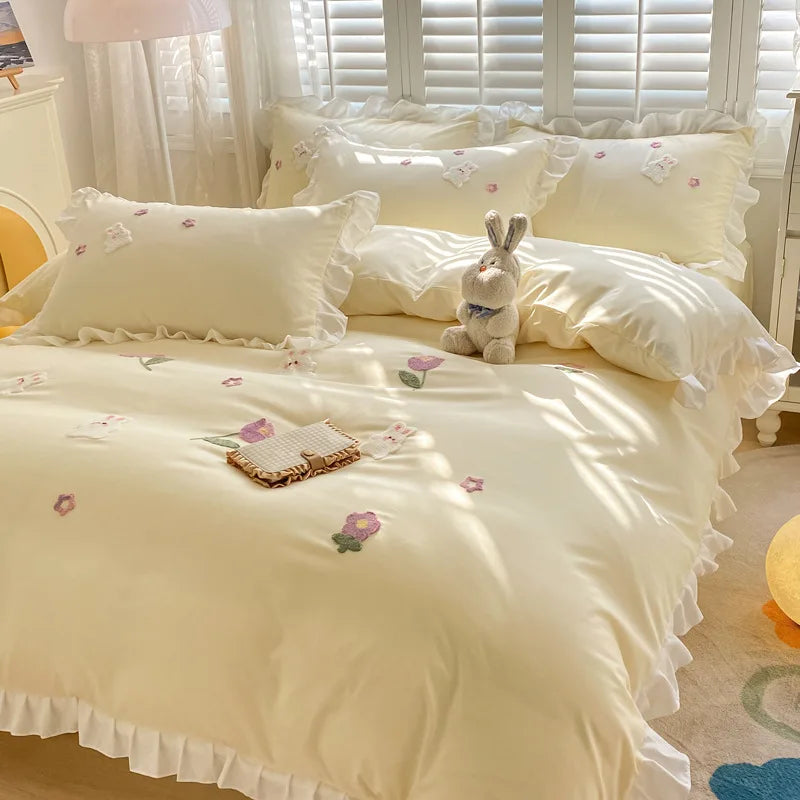 DecorBites™ Cartoon Princess Embroidered Cotton Bedding Set for Adult Girls