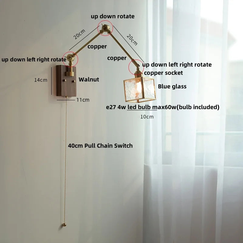 DecorBites™ Ash Wood LED Swing Arm Wall Light with Pull Chain Switch & Blue Glass