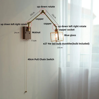 DecorBites™ Ash Wood LED Swing Arm Wall Light with Pull Chain Switch & Blue Glass