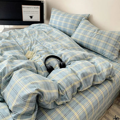 DecorBites™ Cotton Grid Bedding Set - Soft & Stylish Bed Sheet, Quilt Cover Kit