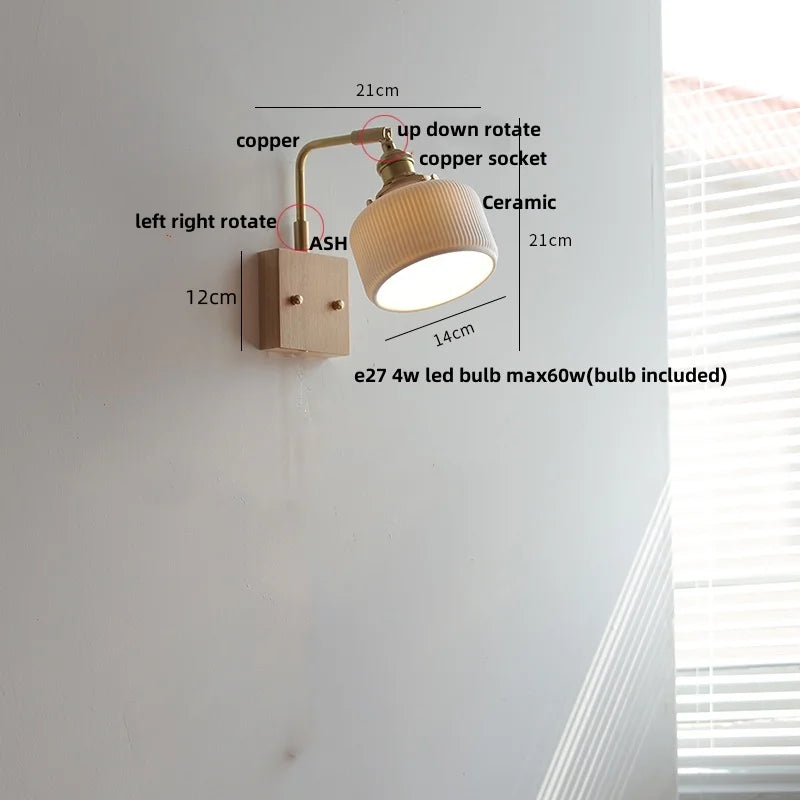 ™ Globe Ceramic Walnut Wood Wall Light with Pull Chain Switch and Rotatable Design