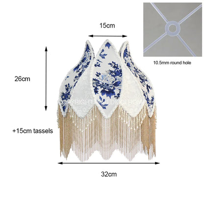 DecorBites™ Blue & White Porcelain Floral Lampshade with Pearl Tassel