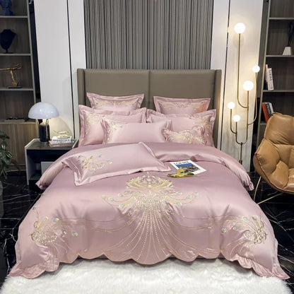 DecorBites™ Gold Feather Embroidery Egyptian Cotton Patchwork Bedding Set