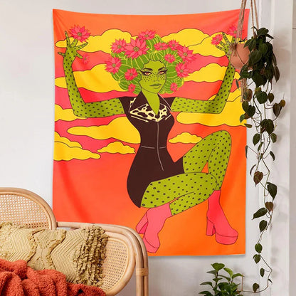 DecorBites™ Cactus Girl Tapestry Wall Hanging 60s Flower Psychedelic Retro Boho Decor