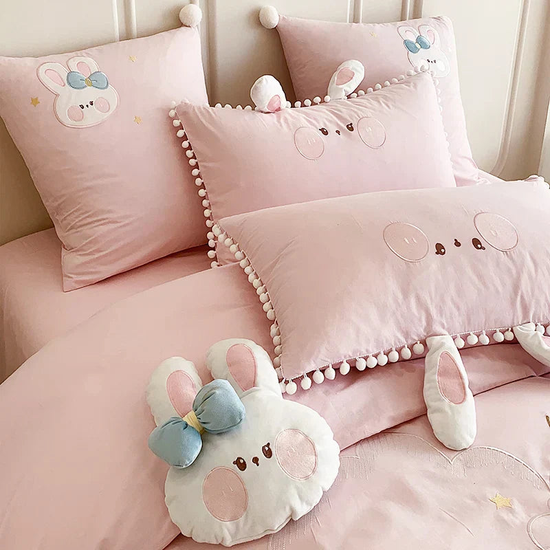 DecorBites™ Cartoon Rabbit Moon Embroidery 100% Cotton Girls Bedding Set with Ball Edge