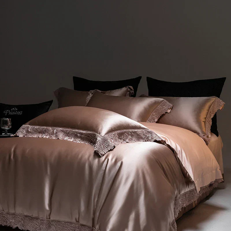 DecorBites™ Luxe French Lace Edge Bedding Set: Silky Lyocell Cotton Duvet Cover, Sheet & Pillowcases