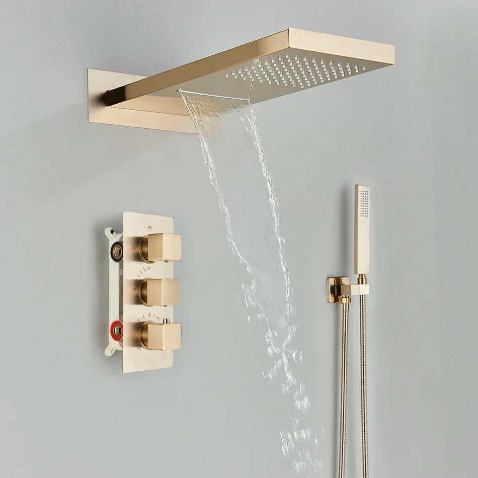 DecorBites™ Black Thermostatic Waterfall Rainfall Shower Faucet with Handshower