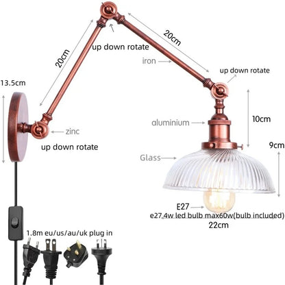 DecorBites™ Adjustable Glass Swing Arm LED Wall Sconce with Pull Chain Switch