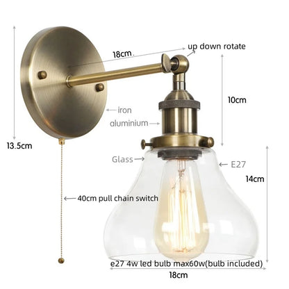 DecorBites™ Black Iron LED Wall Lights Industrial Pull Chain Switch Bedroom Dining Room Loft