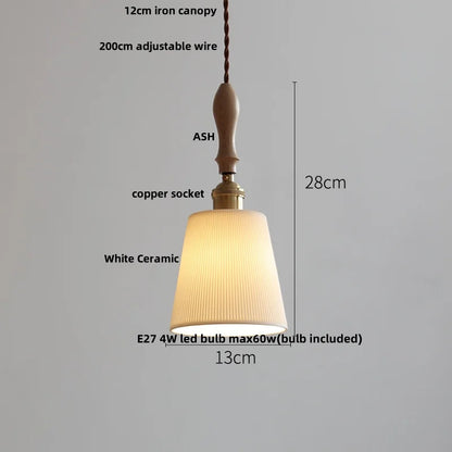 DecorBites™ LED Pendant Light Ash Wood White Ceramic Japanese Style Hanging Lamp