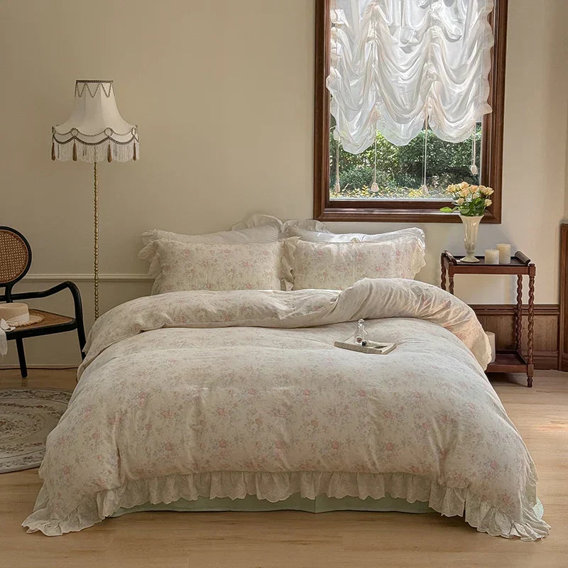 DecorBites™ Elegant Floral Lace Ruffles Bedding Set with Double Yarn - Soft Cotton Blend