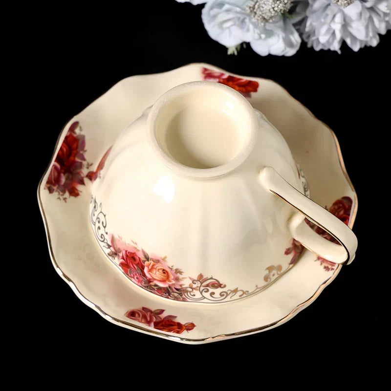 DecorBites™ Blooming Roses Porcelain Coffee Mug with Golden Edge & Saucer