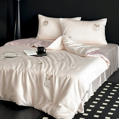DecorBites™ Cartoon Embroidered Ice Silk Bedding Set with Lyocell Fiber – Queen/King Size