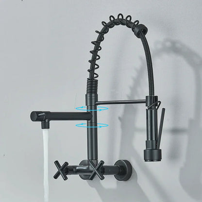 DecorBites™ Gold Black Kitchen Faucet Wall Mount Pull Down Tap Dual Swivel Spouts