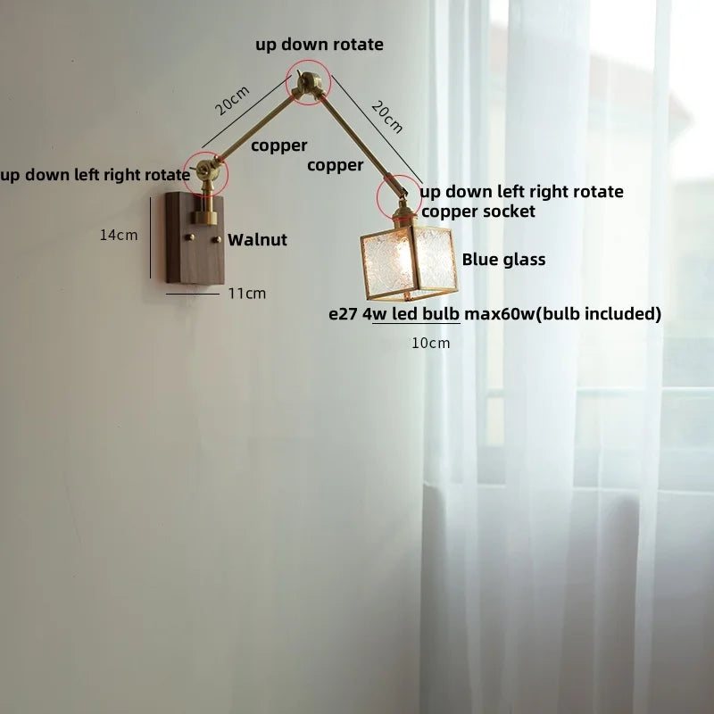DecorBites™ Ash Wood LED Swing Arm Wall Light with Pull Chain Switch & Blue Glass