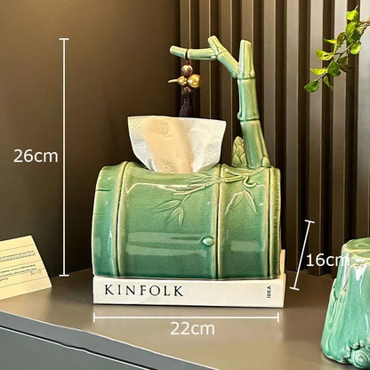 DecorBites™ Bamboo Tissue Box: Ceramic Green Bamboo Design for Coffee Table & Desk Decor